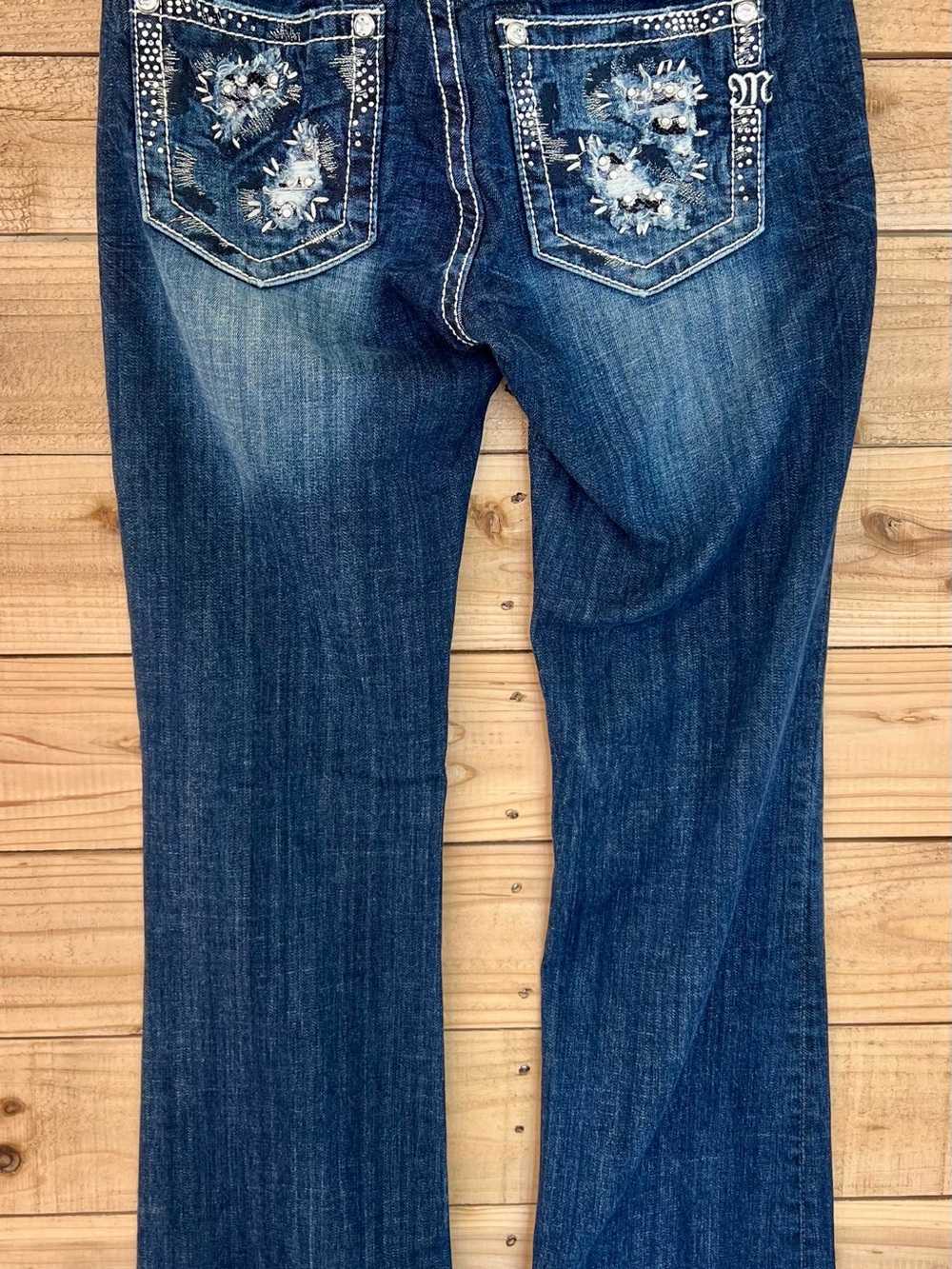 Miss Me Dark Blue Embellished Wide Leg Jeans